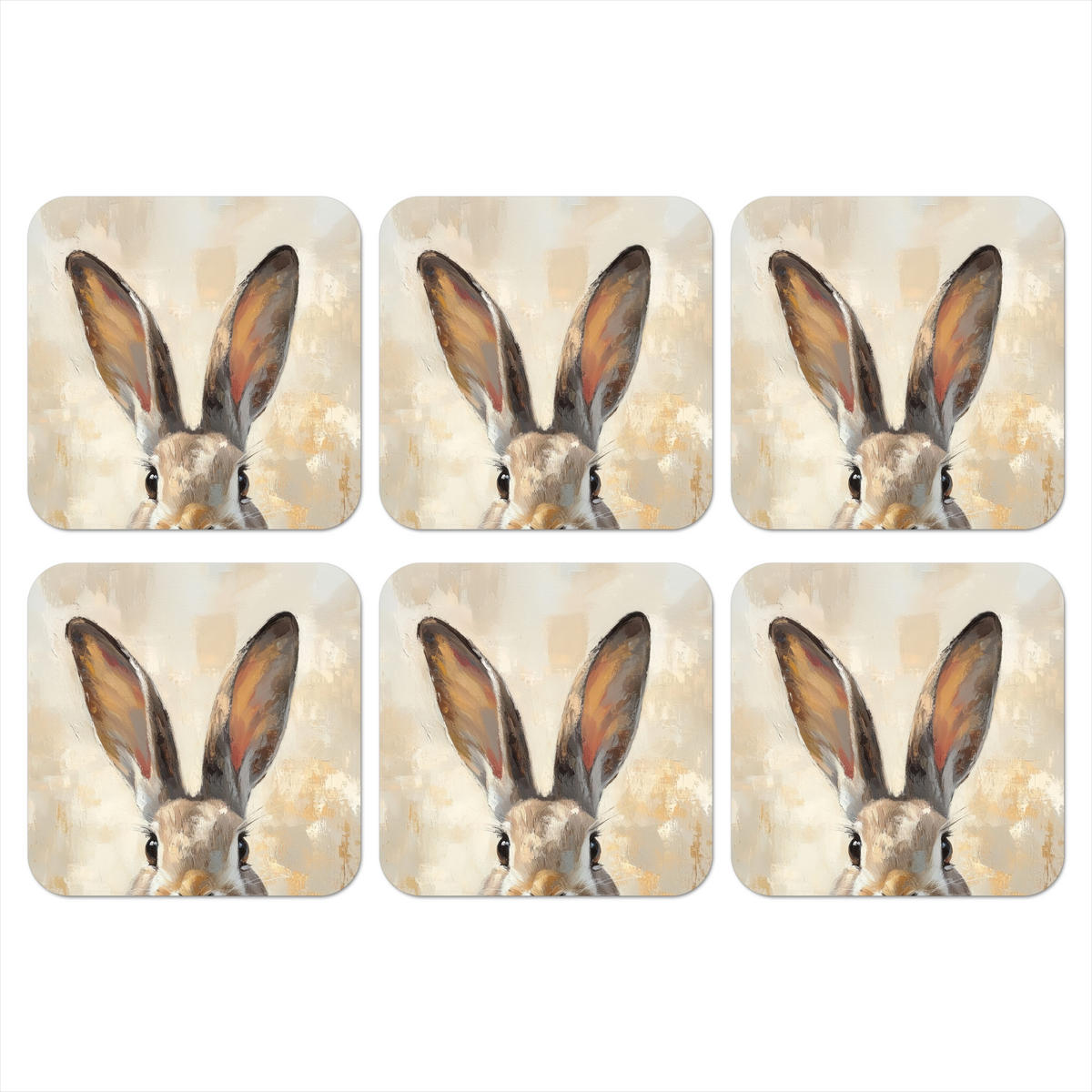 GLASUNTERSETZER 6er-Set Hase - Ohren - Braun 10x10 cm - Beige, Naturmaterialien (10/0.2cm) - MuchoWow