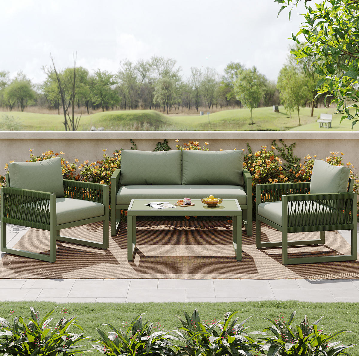 GARTENMÖBEL-SET 120/65/72 cm grün aus Eisen mit Seilgeflecht - Grün, Metall - OKWISH