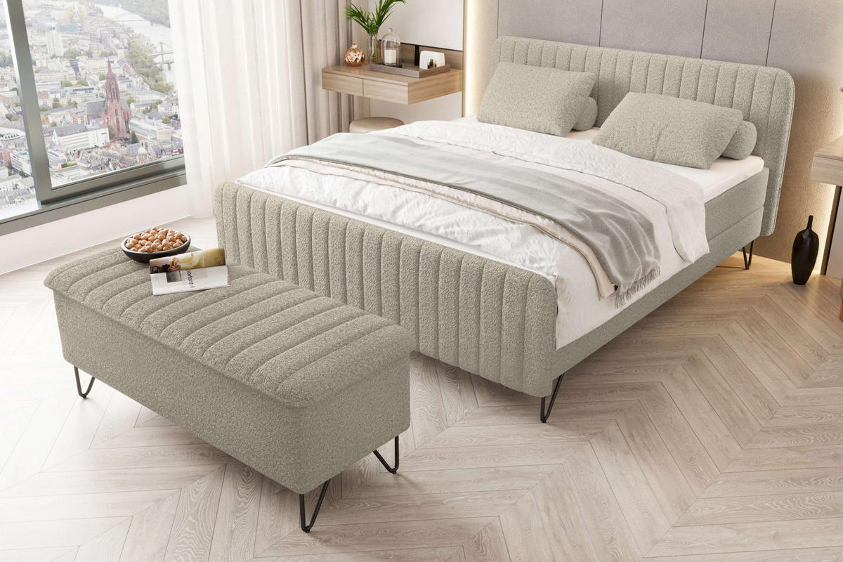 BOXSPRINGBETT LUCIO mit Hocker Bouclé-Stoff Creme 160/200 cm - Creme/Schwarz, Textil/Metall (160/200cm) - 99rooms