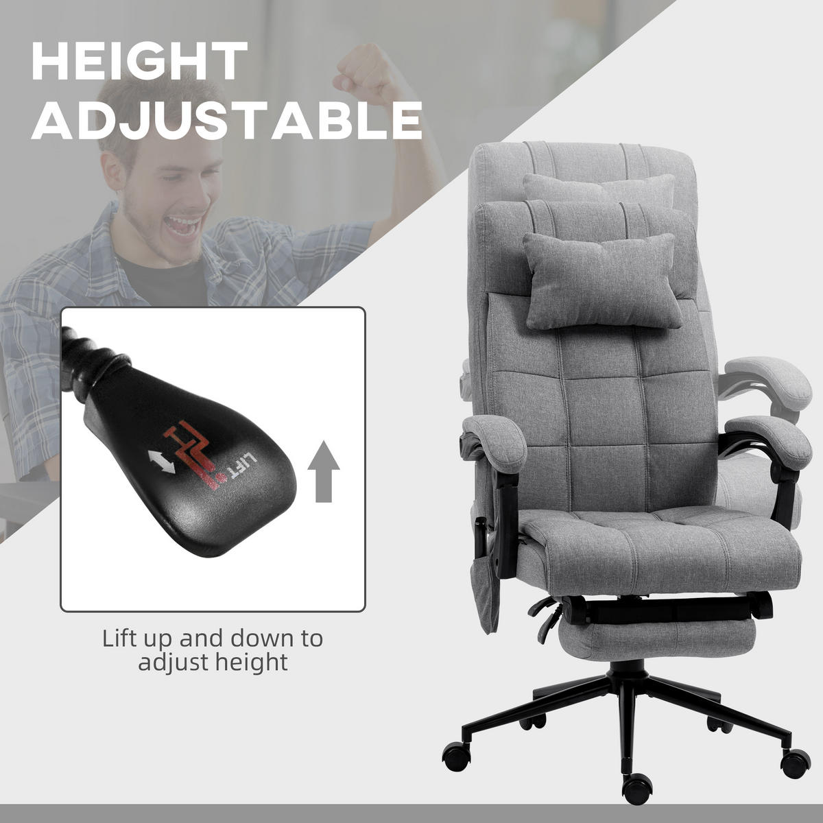 BÜROSTUHL mit Massagefunktion, Ergonomisch Schreibtischstuhl mit Lendenheizung - Grau, Kunststoff (76/124/66cm) - Vinsetto