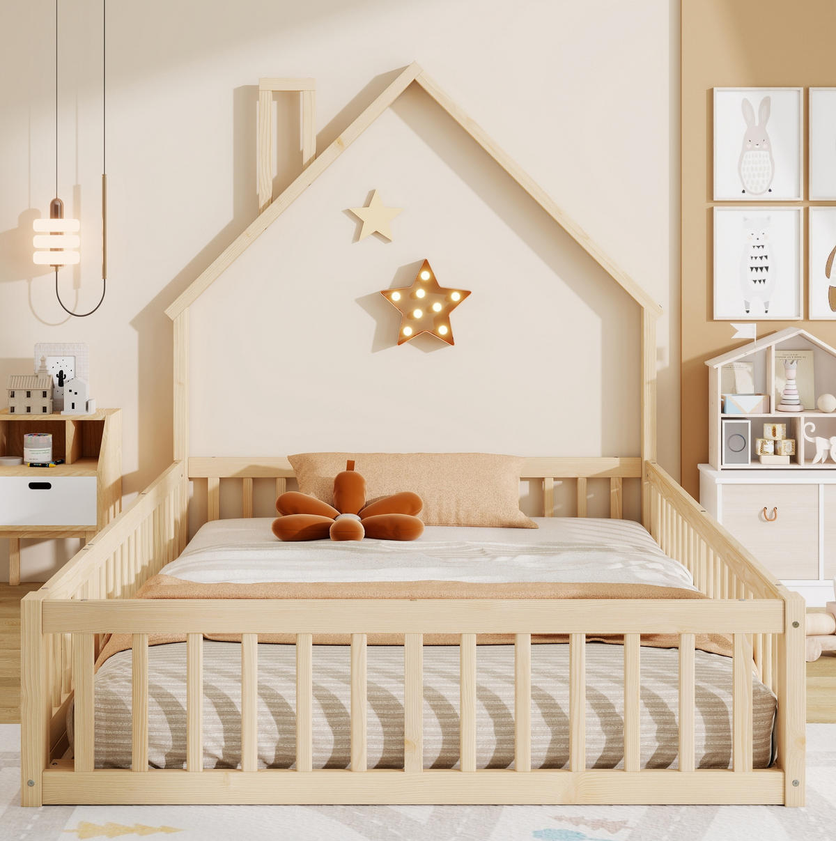 HAUSBETT 140/200 cm aus Kiefernholz – mit Dachaufbau und Sicherheitsgitter - Naturfarben, Holzwerkstoff (140/200cm) - BEAOK