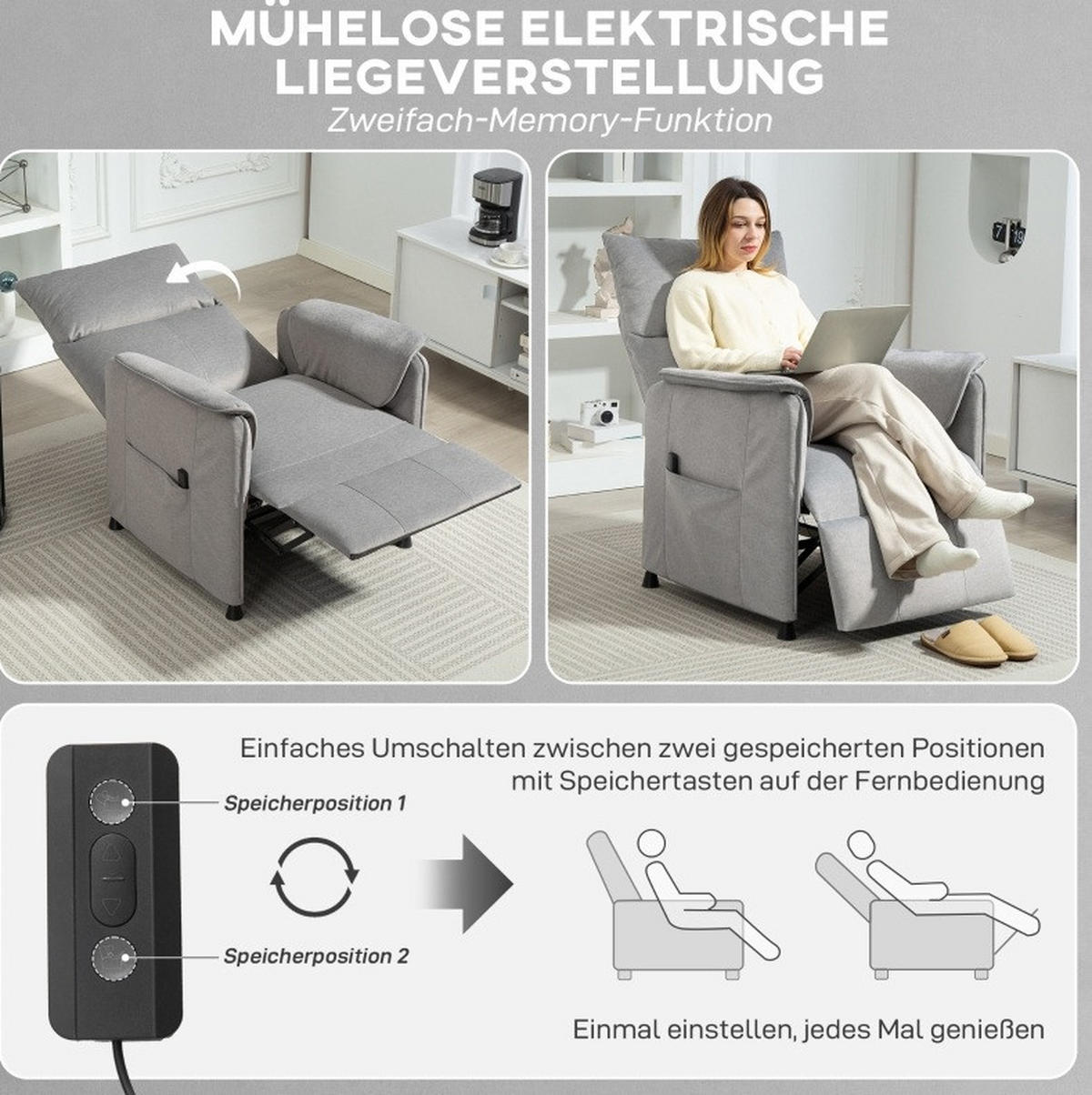 RELAXSESSEL 80/83/104 cm elektrisch mit Fußteil und Memory-Funktion - Grau, Textil (80/104/83cm) - BEAOK