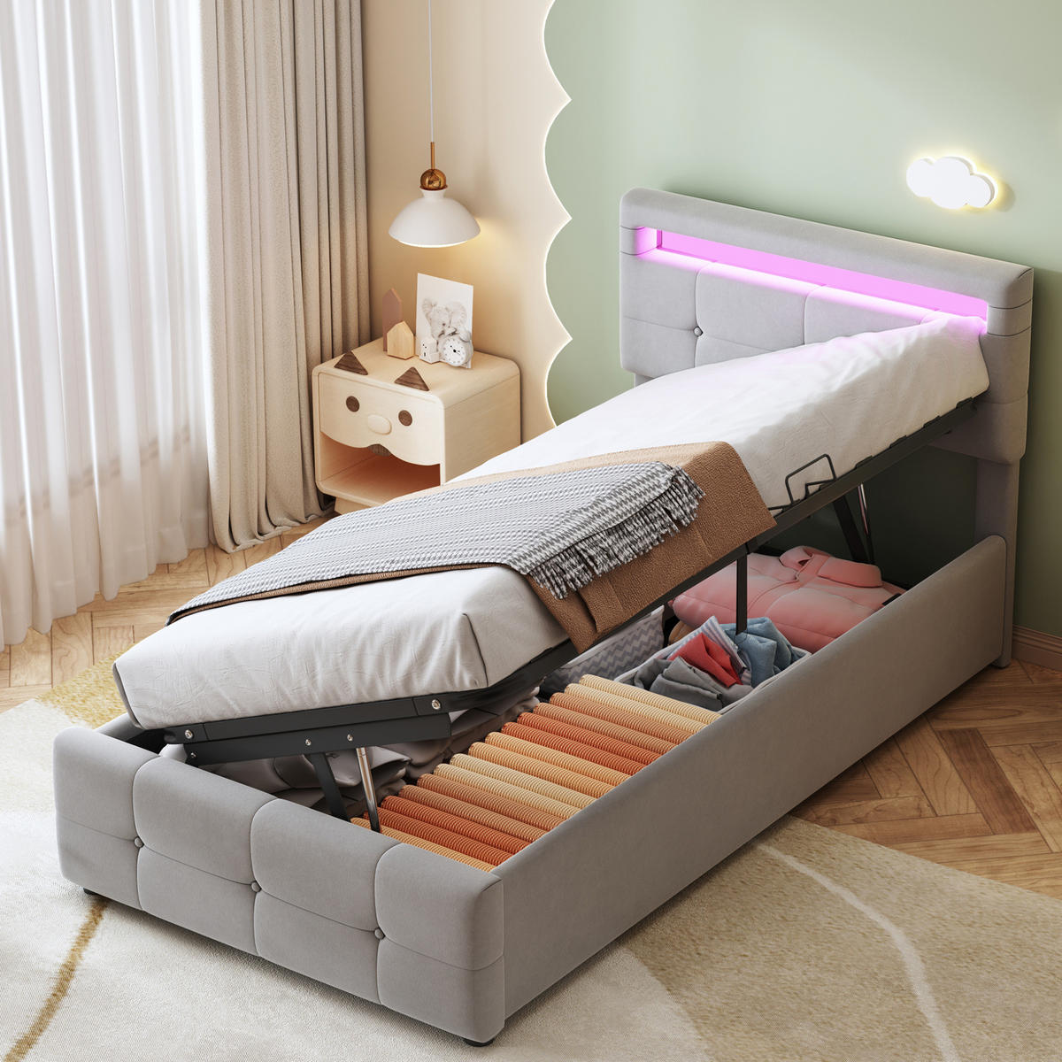 POLSTERBETT 90/200 cm Grau aus Samt mit LED-Beleuchtung und Stauraum - Grau, Textil (90/200cm) - OKMYHOME