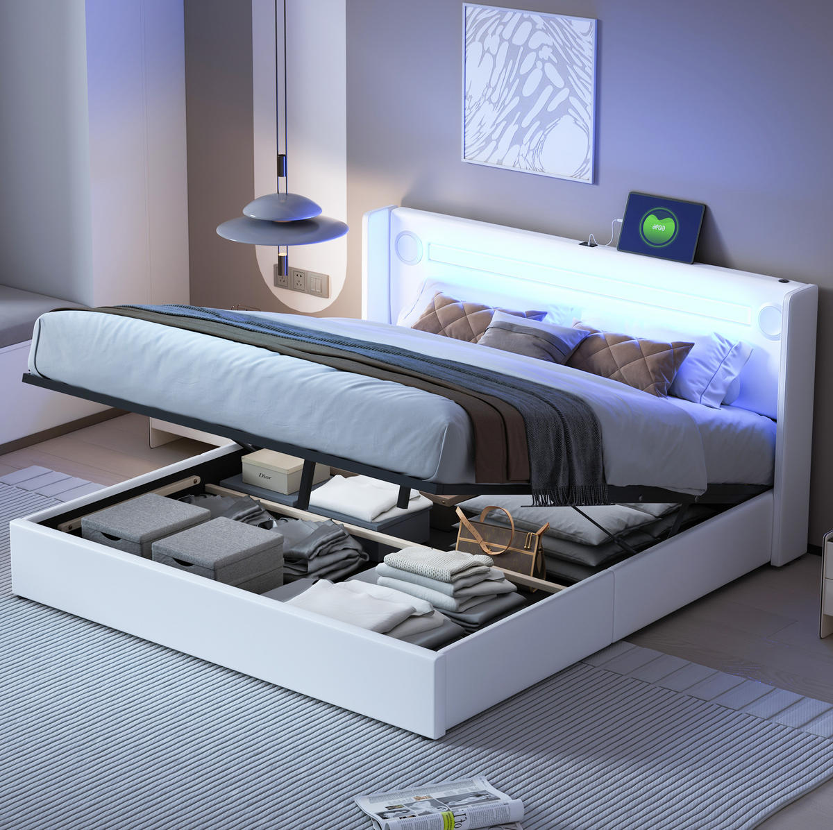 POLSTERBETT aus PU-Leder 160x200 cm Weiß mit LED, Bluetooth, USB und hydraulischem Bettkasten - Weiß, Kunststoff (160/200cm) - Modfu