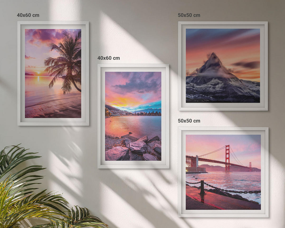 BILDER SET 4er Set - 50x50 cm & 40x60 cm Weißer Rahmen - Sonnenuntergangsbrücke Landschaft - Weiß, Kunststoff (50/50cm) - TULUP