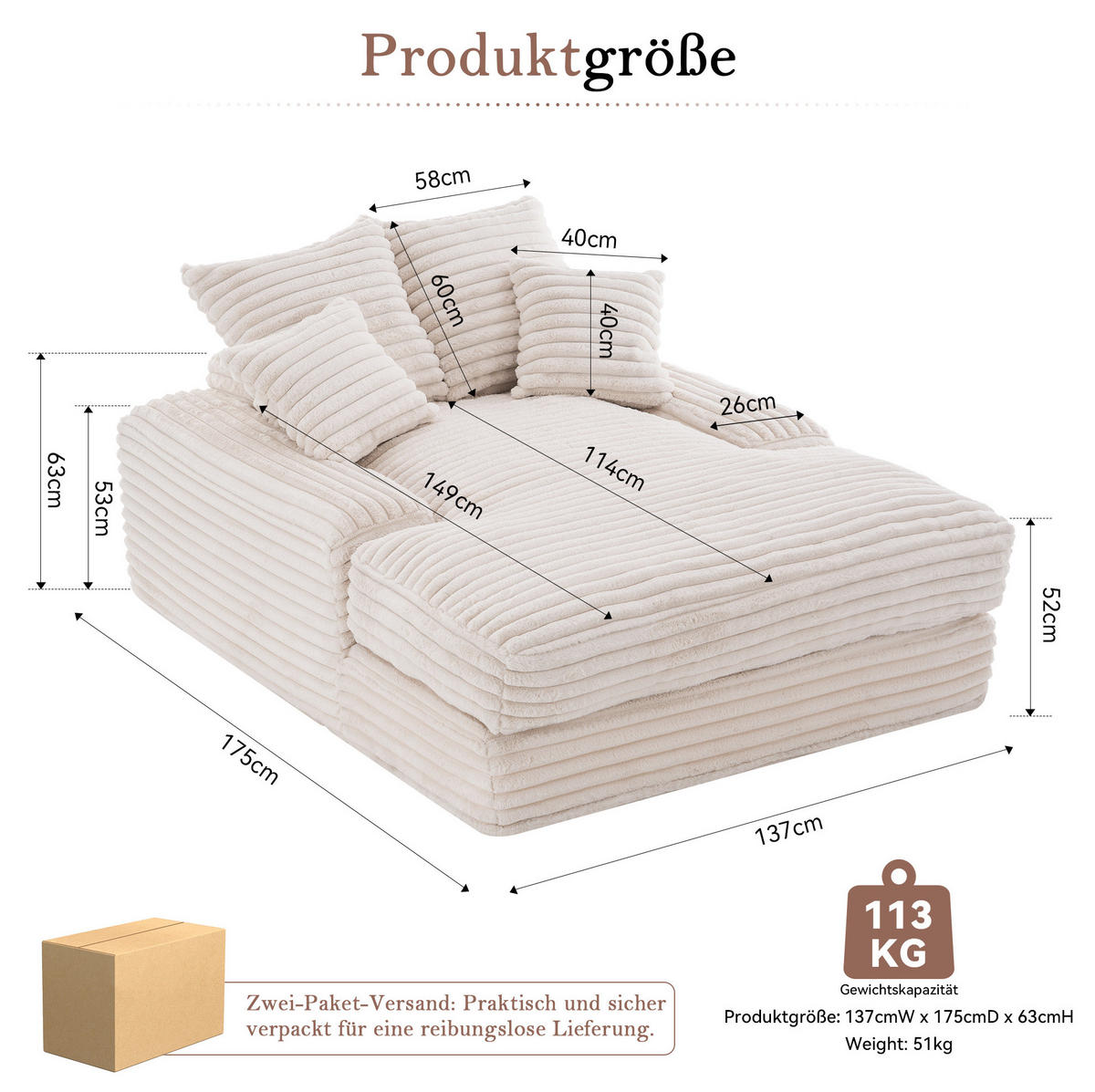 CHAISELONGUE Cordstoff mit Memory-Schaum und 4 Kissen 137/175/63 cm Beige - Beige, Textil (137/63/175cm) - Redom