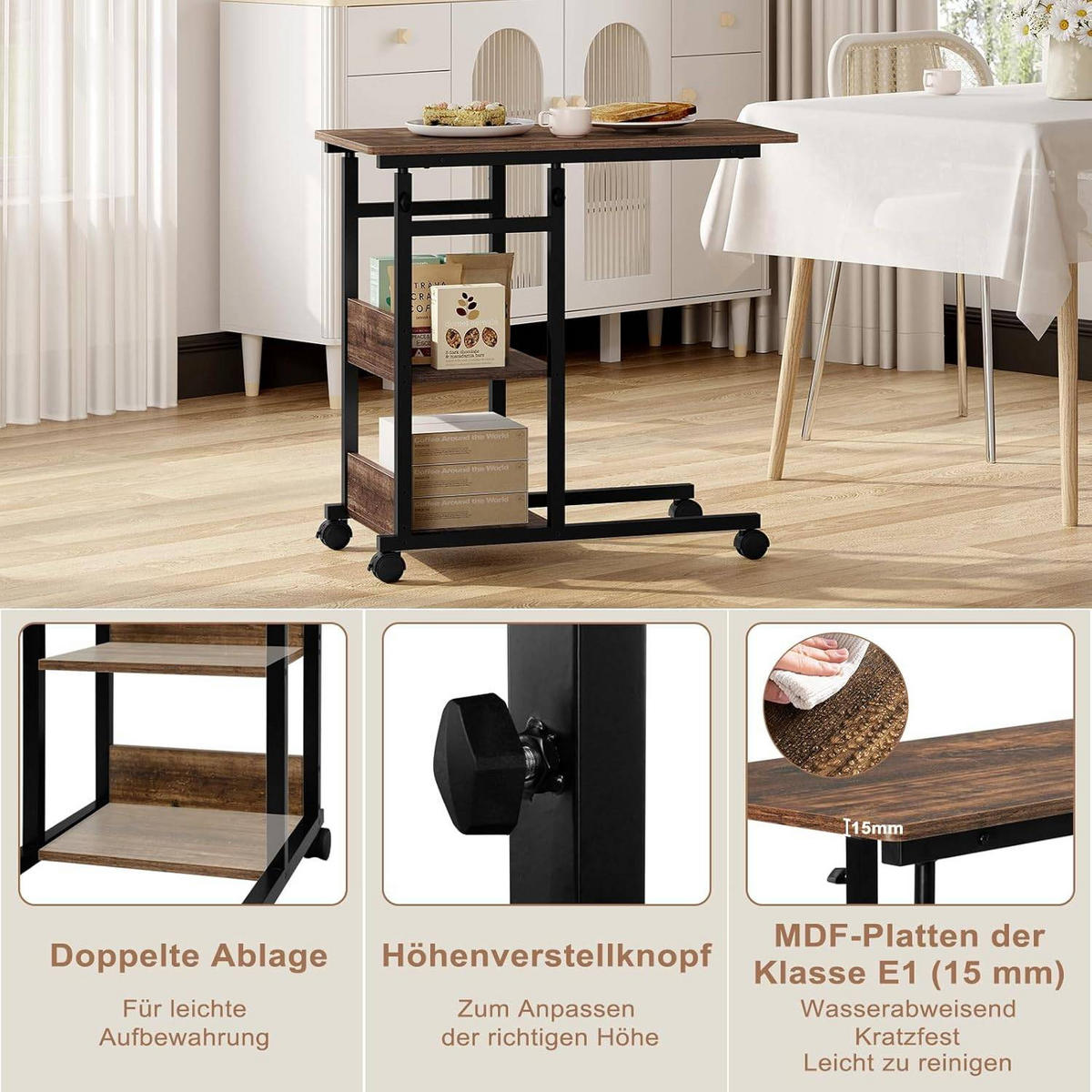 BEISTELLTISCH C Form, mit Rollen, Vintage-Holzoptik - Dunkelbraun/Schwarz, Holzwerkstoff/Metall (40/80/76cm) - Woltu