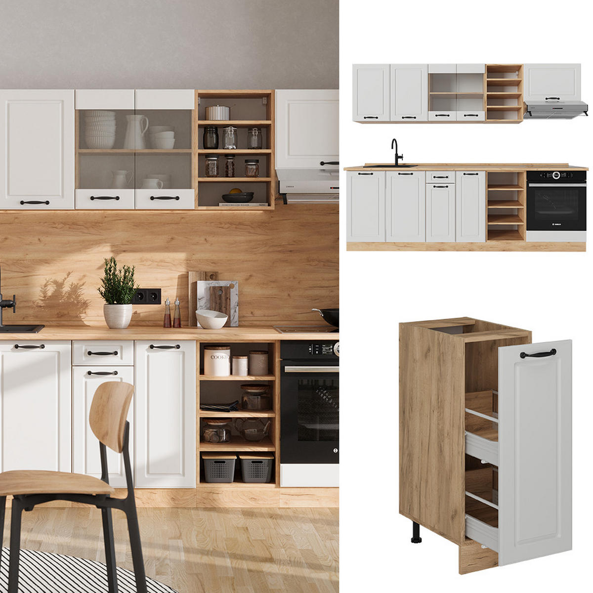 KÜCHENZEILE R-Line Weiß Landhaus/Goldkraft Eiche 240 cm , AP Marmor - Eiche Wotan/Creme, Holzwerkstoff (240/81.6/60cm) - Vicco