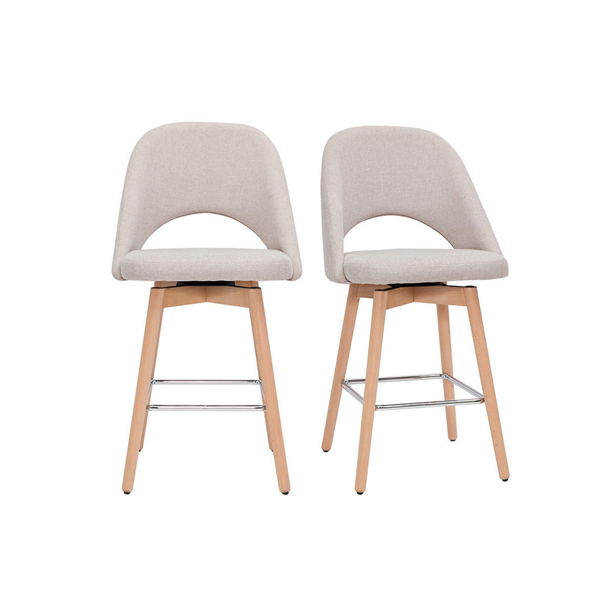 BARHOCKER Skandinavisch Beiger Stoff Samteffekt Massiv Hevea H65 cm 2er-Set COSETTE - Beige, Textil (54/99/51cm) - Miliboo