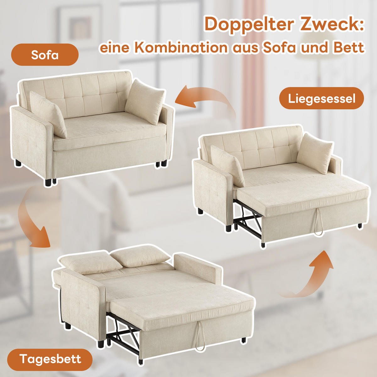 SCHLAFSOFA Chenille mit Ausziehfunktion und 2 Kissen Beige 142/79/85 cm - Beige, Textil (79/85/142cm) - Redom