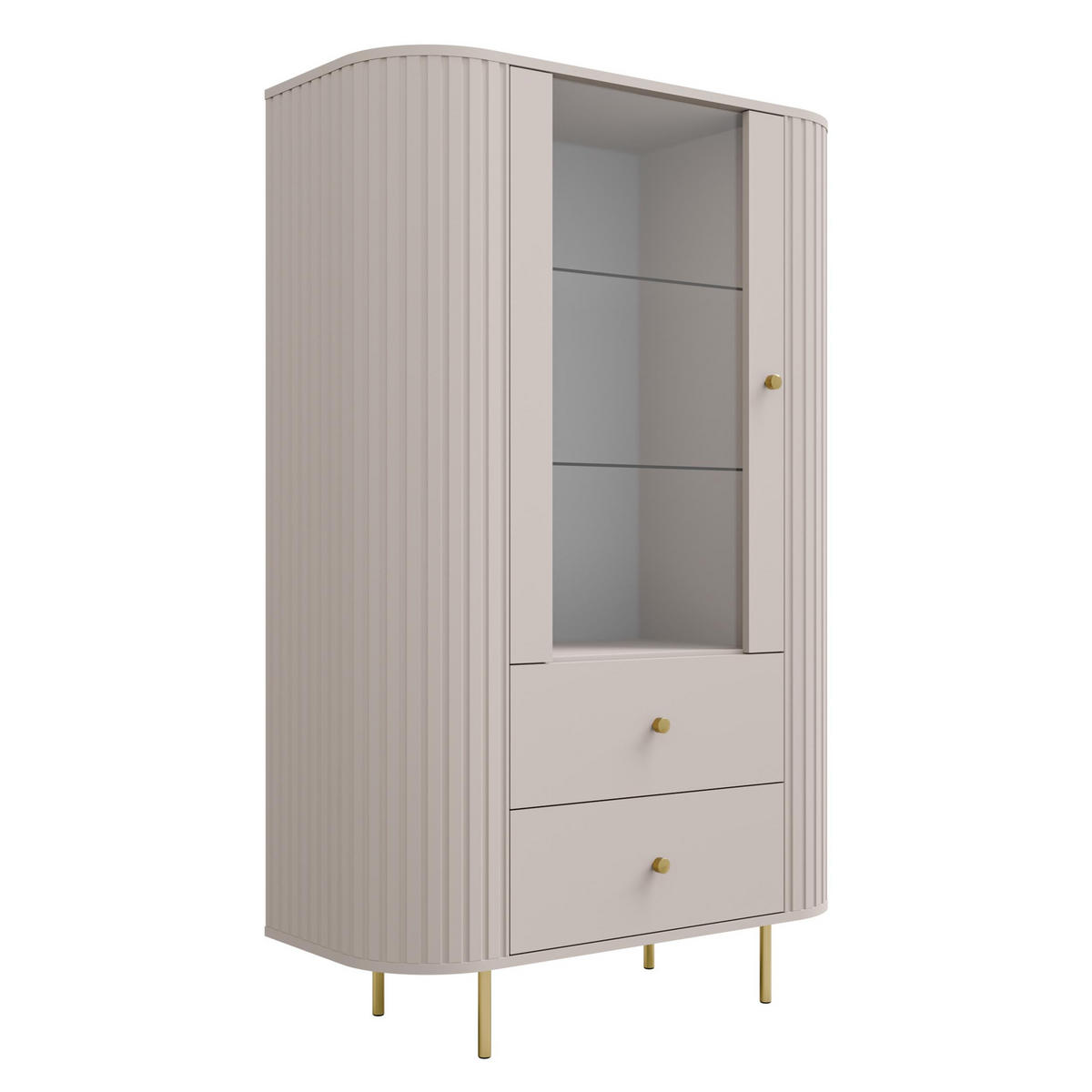 VITRINE Halay Beige, 1 Tür & 2 Schubladen Moderne Rillenstruktur, mit runden Kanten - Beige/Goldfarben, Holzwerkstoff/Metall (97.4/155/42.3cm) - AX Living