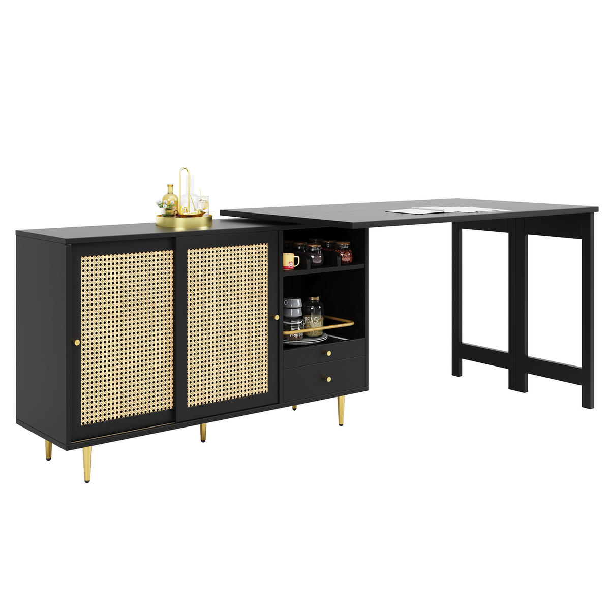 BÜROTISCHE mit Rattan-Türen, 187/40/76cm - Schwarz, Holzwerkstoff (187/40/76cm) - Urban Meuble