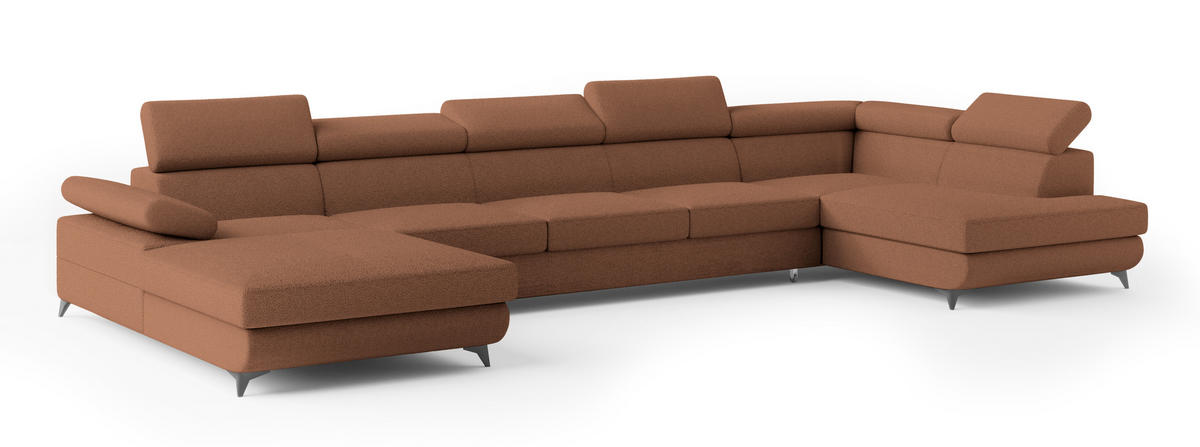 WOHNLANDSCHAFT MONTIVA Kupferfarben Boucle-Stoff mit Schlaffunktion - Kupferfarben, Holz (410/89/190cm) - MASSENO