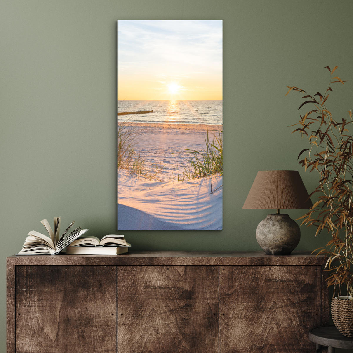 KOVOVÝ OBRAZ Pláž - Slnko - Duny - Tráva - Piesok - Horizont 40x80 cm - svetlomodrá, kov (40/80cm) - MuchoWow