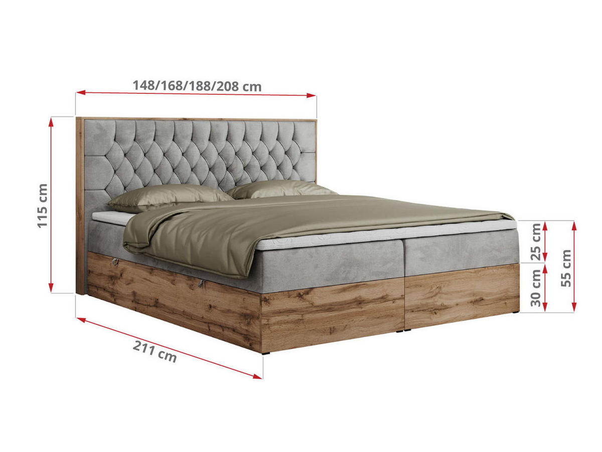 BOXBETT AMORE 140/200 Hellgrau Velvet - H3 - Hellgrau, Holz/Textil (140/200cm) - MKS