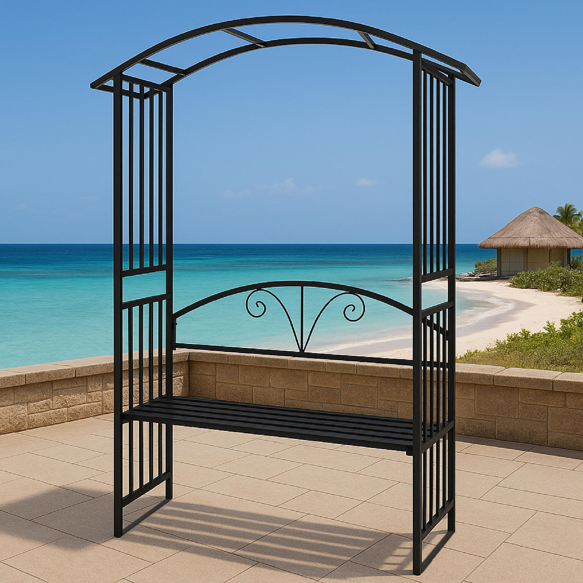 ROSENBOGEN Burton - Rankhilfe mit geschwungenem Oberteil und integrierter Sitzbank für 2 Personen. BxTxH: 150x50x230 cm - Schwarz, Metall (150/230/50cm) - TPFGarden