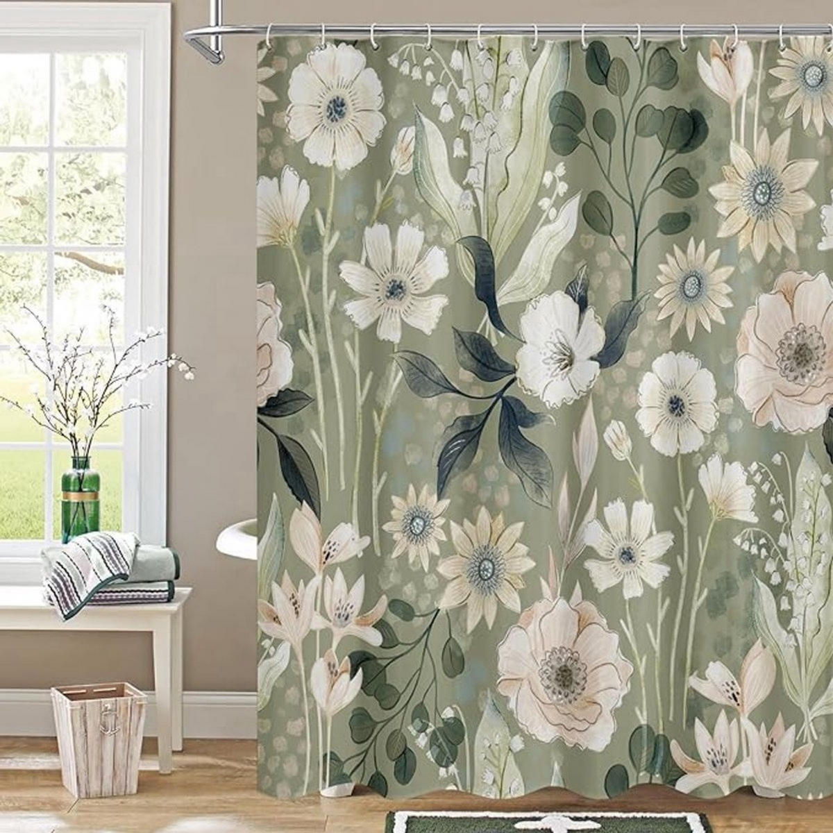 DUSCHVORHANG Grün Polyester 180 x 180 cm schimmelresistent wasserdicht mit Ringe - Multicolor, Kunststoff (180/180cm) - MCBOSON