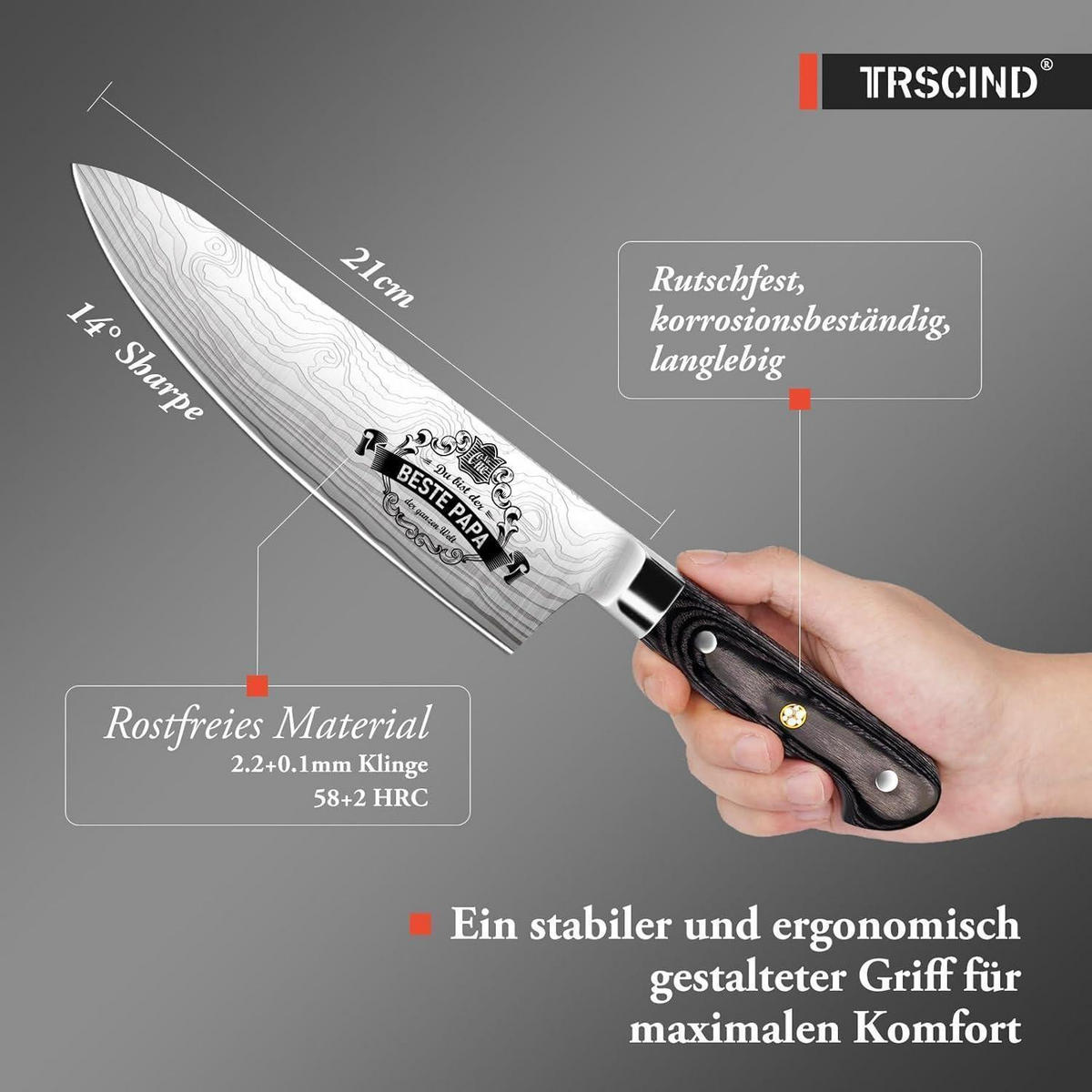KOCHMESSER Edelstahl mit Lasermuster - Silberfarben, Metall (37.5cm)