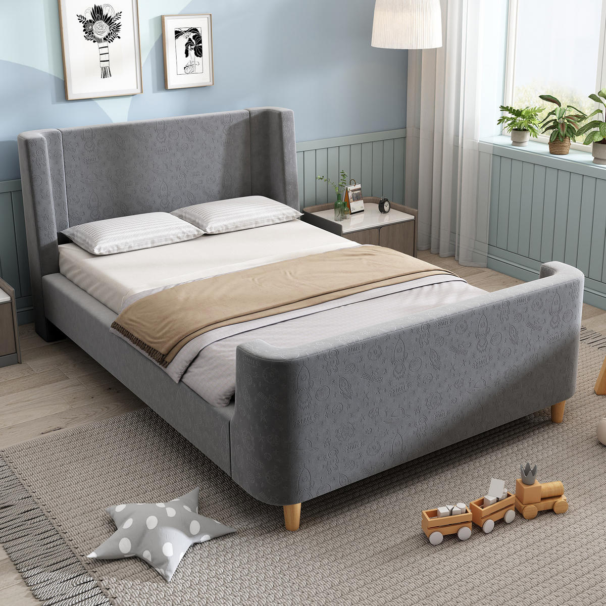 KINDERBETT 90/200 cm Grau aus Samt im Schlittenbett-Design - Grau, Textil (90/200cm) - OKMYHOME