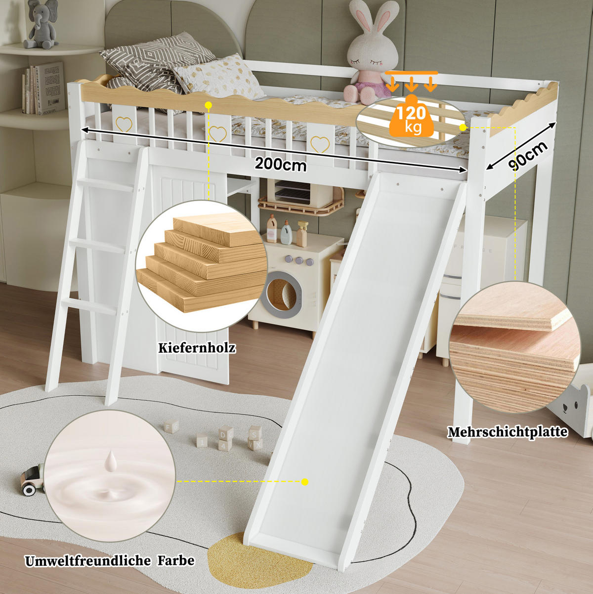 HOCHBETT 90/200 cm Weiß Natur mit Kinderrutsche, Kleiderschrank und Ablageschrank ohne Matratze - Weiß, Holz (90/200cm) - MIVRAY