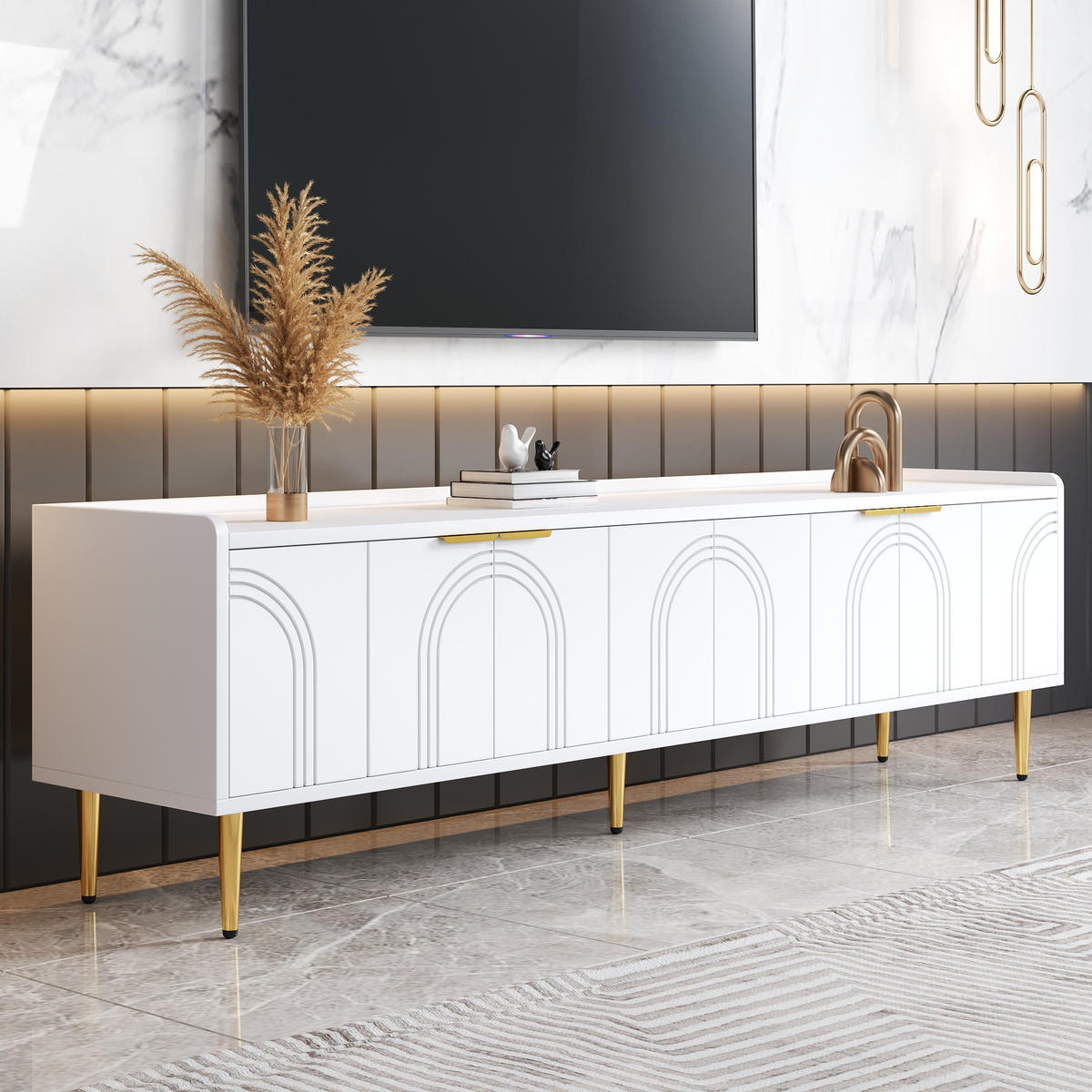 TV-SCHRANK in Weiß mit 3D-Türen und goldfarbenen Griffen 170/35/47.5 cm - Weiß, Holzwerkstoff (170/47.5/35cm) - Redom