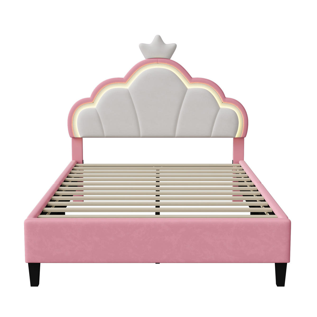 POLSTERBETT 140x200 cm mit höhenverstellbarem Kopfteil & RGB-LED – Doppelbett / Kinderbett für Mädchen, Samt, Rosa - Pink, Holz/Metall (140/200cm) - BursDany