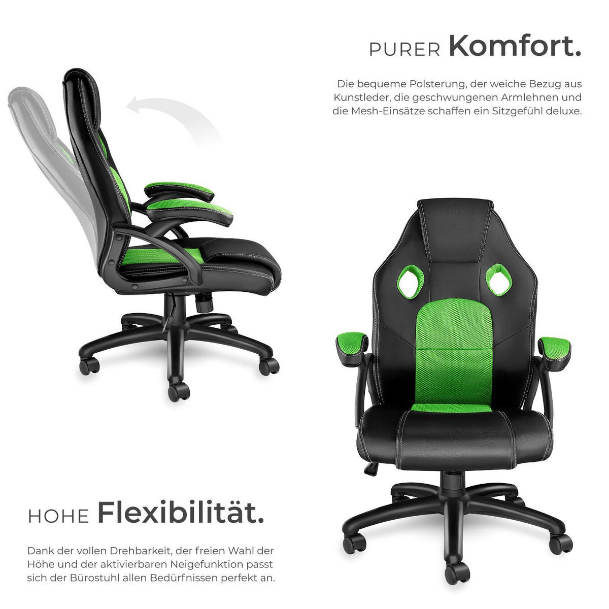 BÜROSTUHL Mike,stufenlos höhenverstellbar,schwarz/grün - Schwarz/Grün, Leder (68/114.5/69cm) - tectake