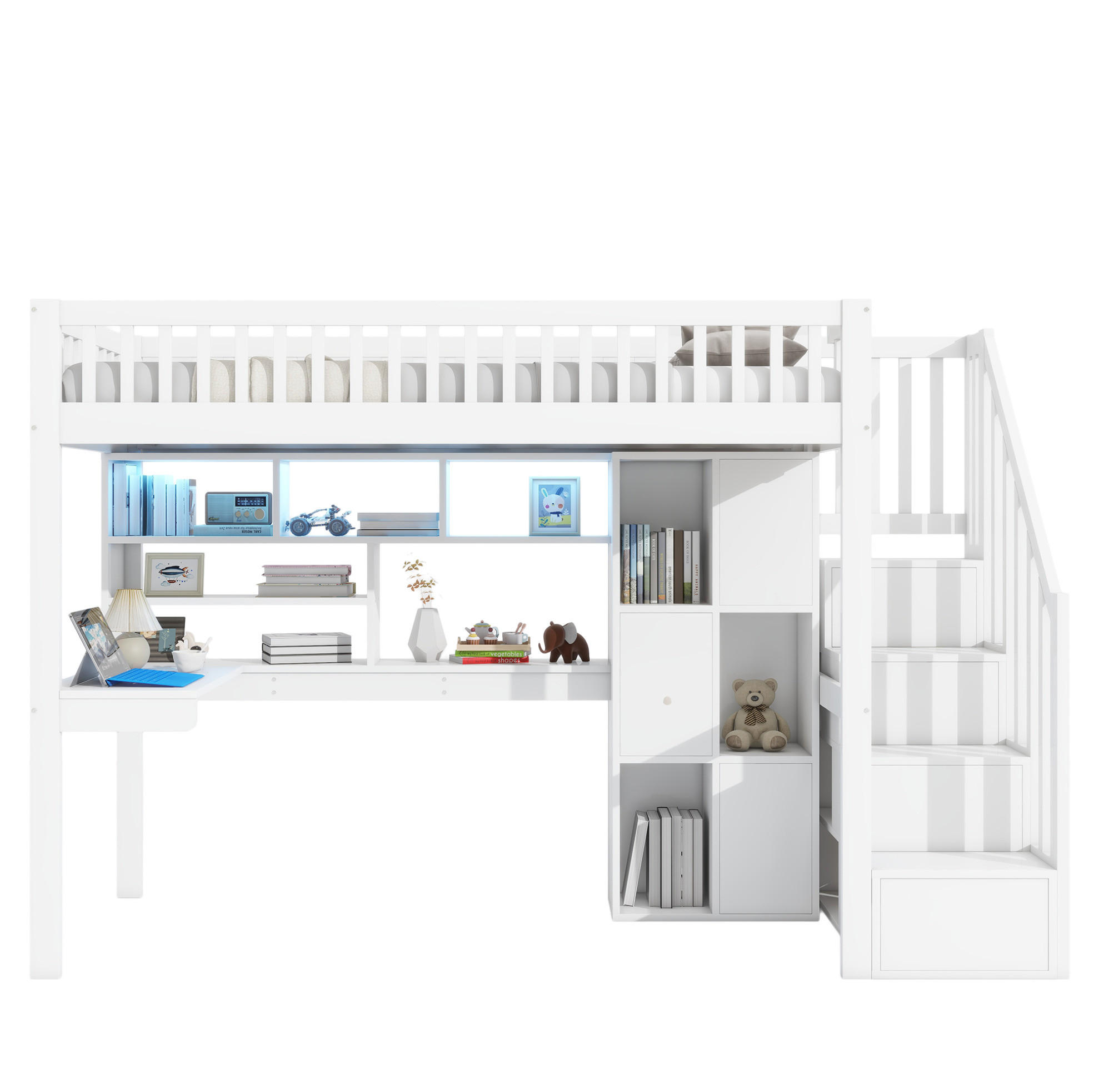 OKWISH PATROVÁ postel 90/200 cm bílá z borovice/MDF s LED osvětlením a psacím stolem
