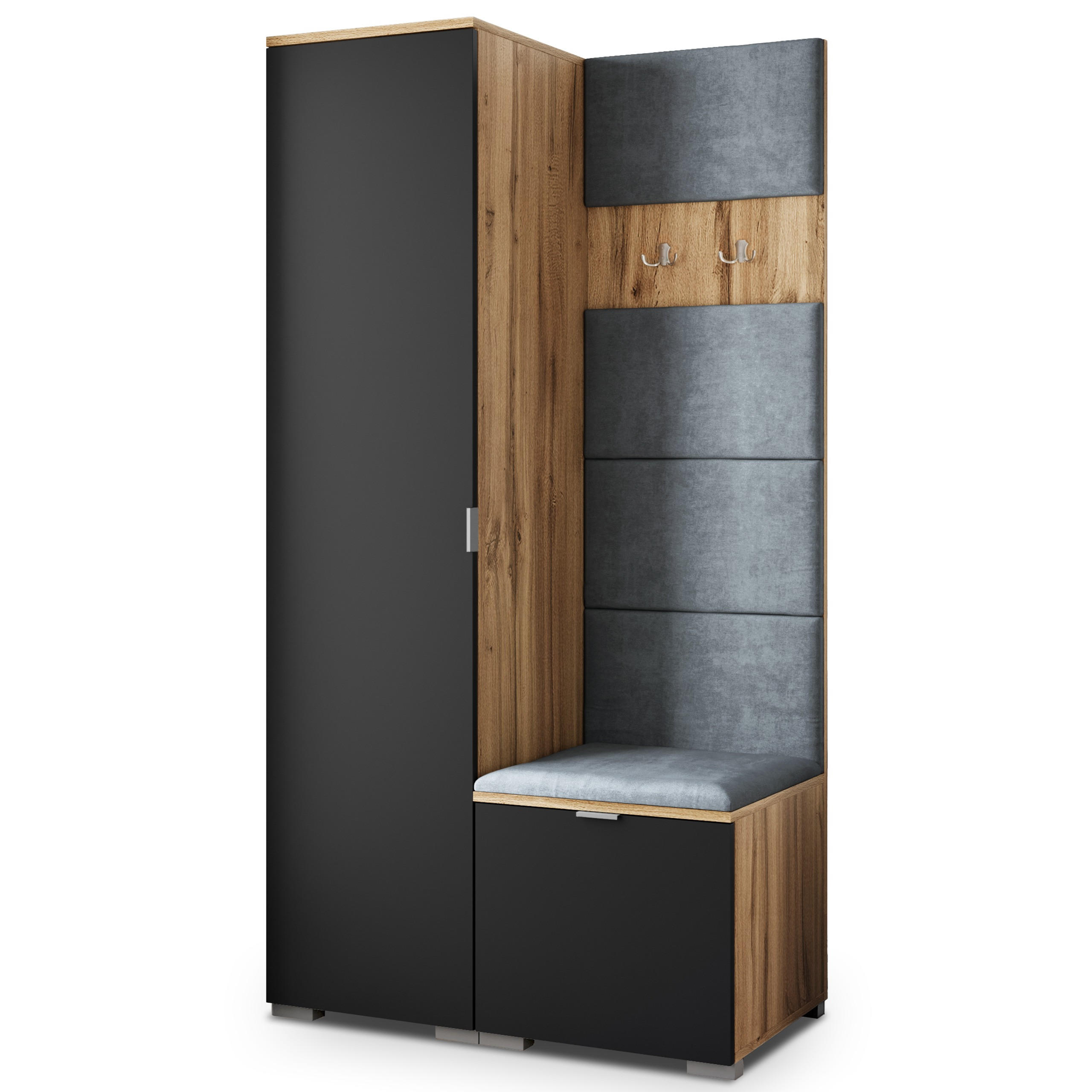 Masseno Garderobenschrank Eiche Wotan, Schwarz, Grau 95x181x51 cm