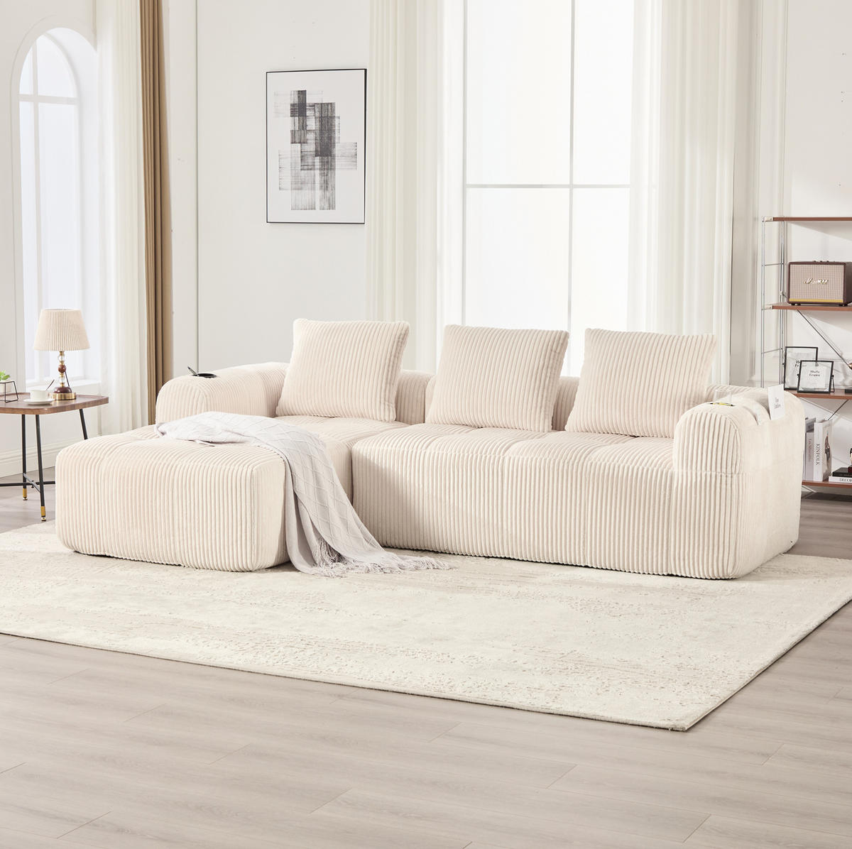 ECKSOFA 253/158/61 cm beige aus Cord mit Becherhaltern - Beige, Textil (158/253cm) - OKWISH
