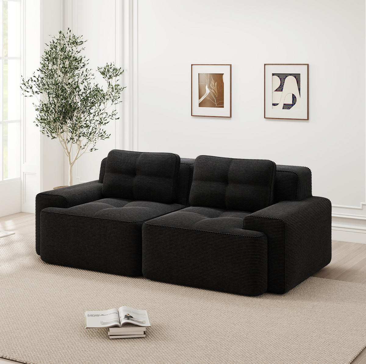 SOFA modular mit Tiefsitz 74 cm Cord Black - Schwarz, Kunststoff (104/69/204cm) - Meubliv