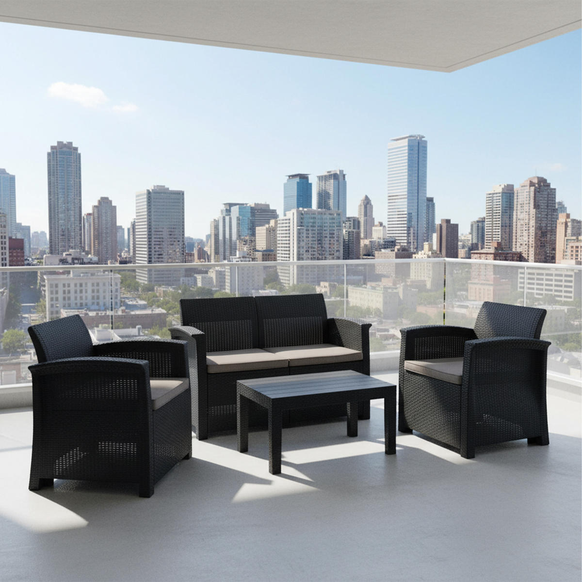 SET Natural mobilier de grădină 4-piese poliratan - negru, material plastic/material textil - Relaxdays
