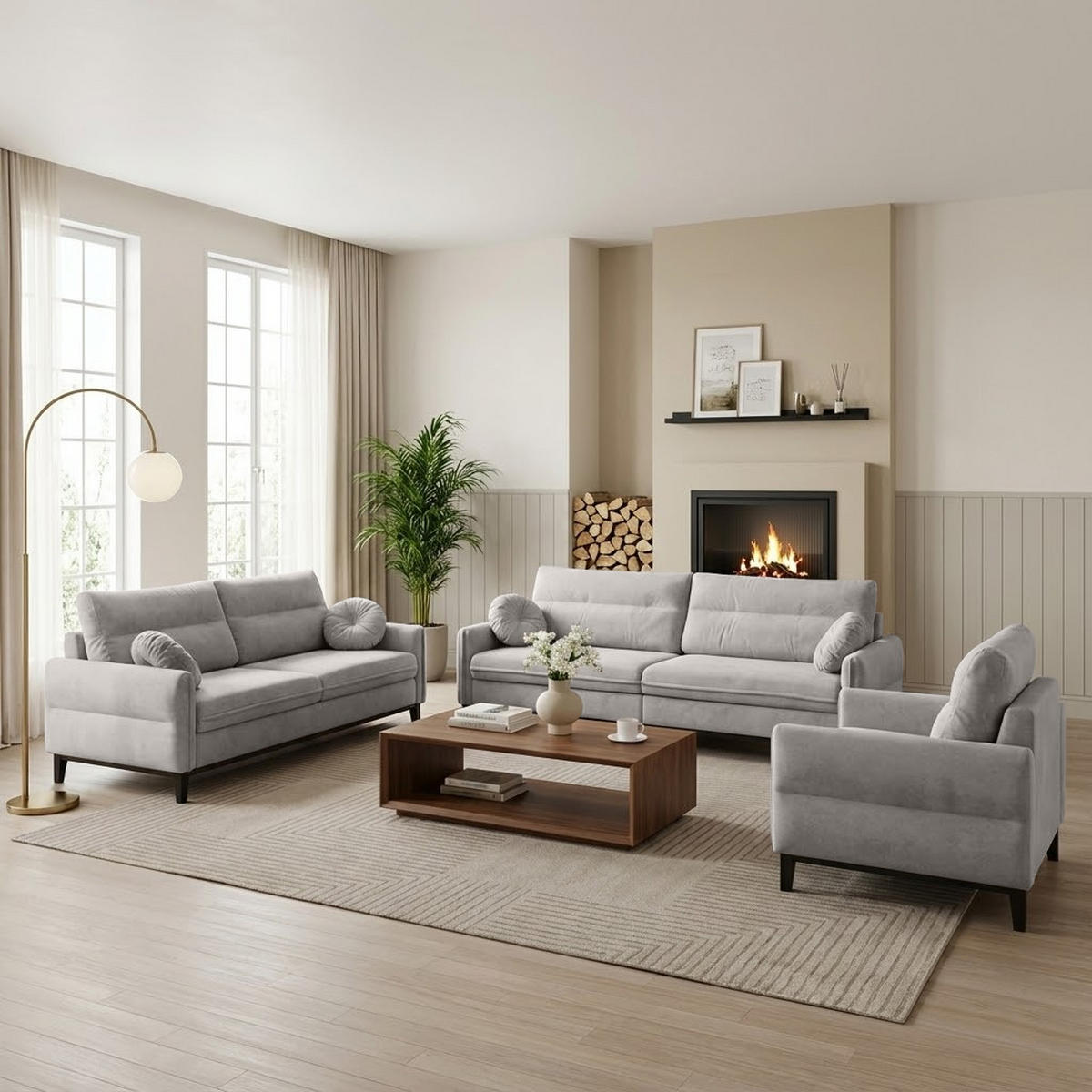 SITZGARNITUR Belweder, zwei Sofas+Sessel, Beige, Velours - Wengefarben/Hellgrau, Holz/Textil (268/95/94cm) - Beautysofa