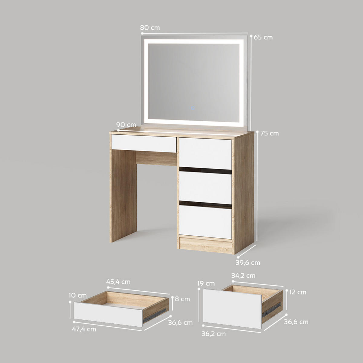 SCHMINKTISCH Imola Sonoma 90 cm mit LED-Spiegel - Weiß/Sonoma Eiche, Holzwerkstoff (90/75/40cm) - Livinity®