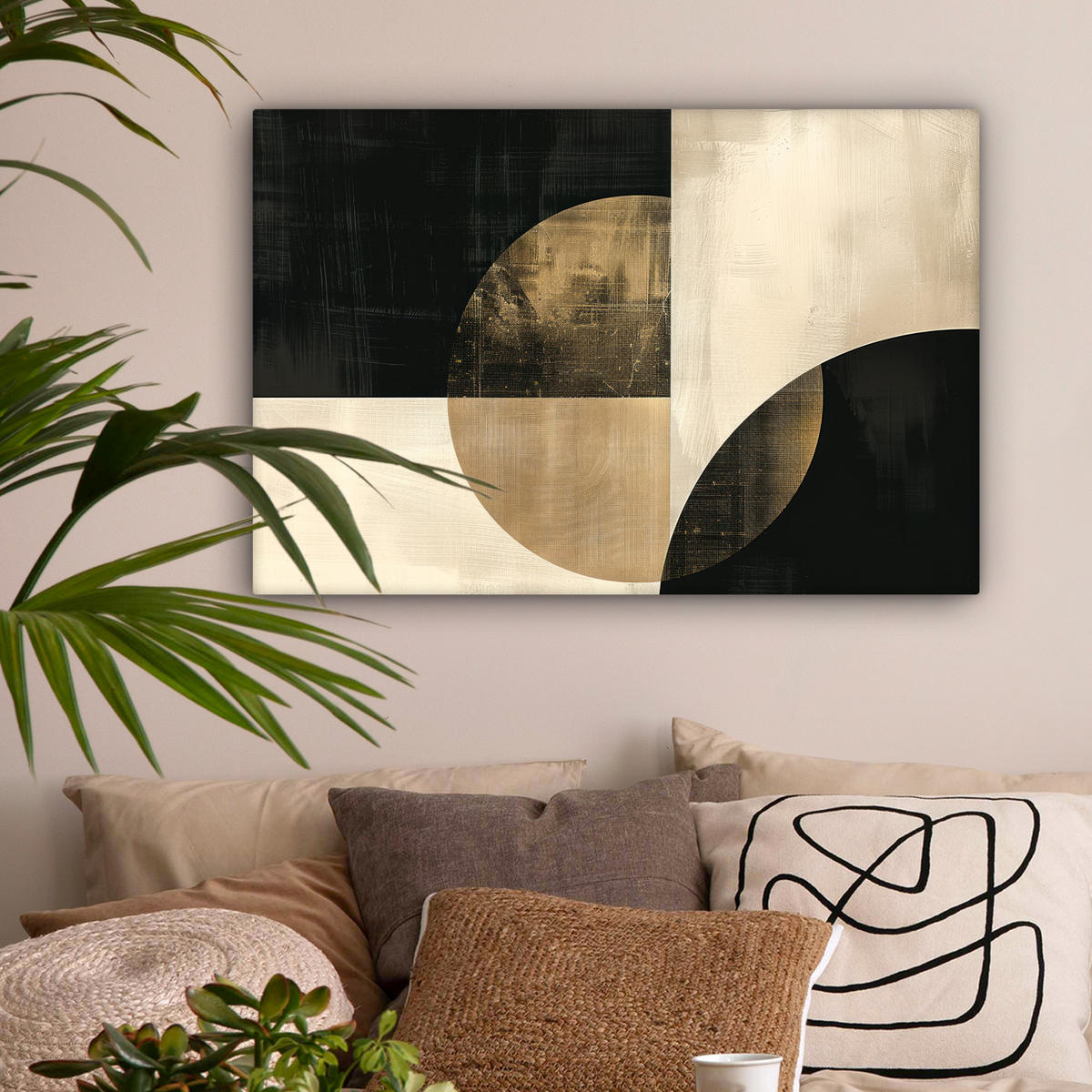 LEINWANDBILD Abstrakt - Geometrische Formen - Schwarz - Gold Wanddeko 90x60 cm - Ecru, Textil (90/60cm) - MuchoWow