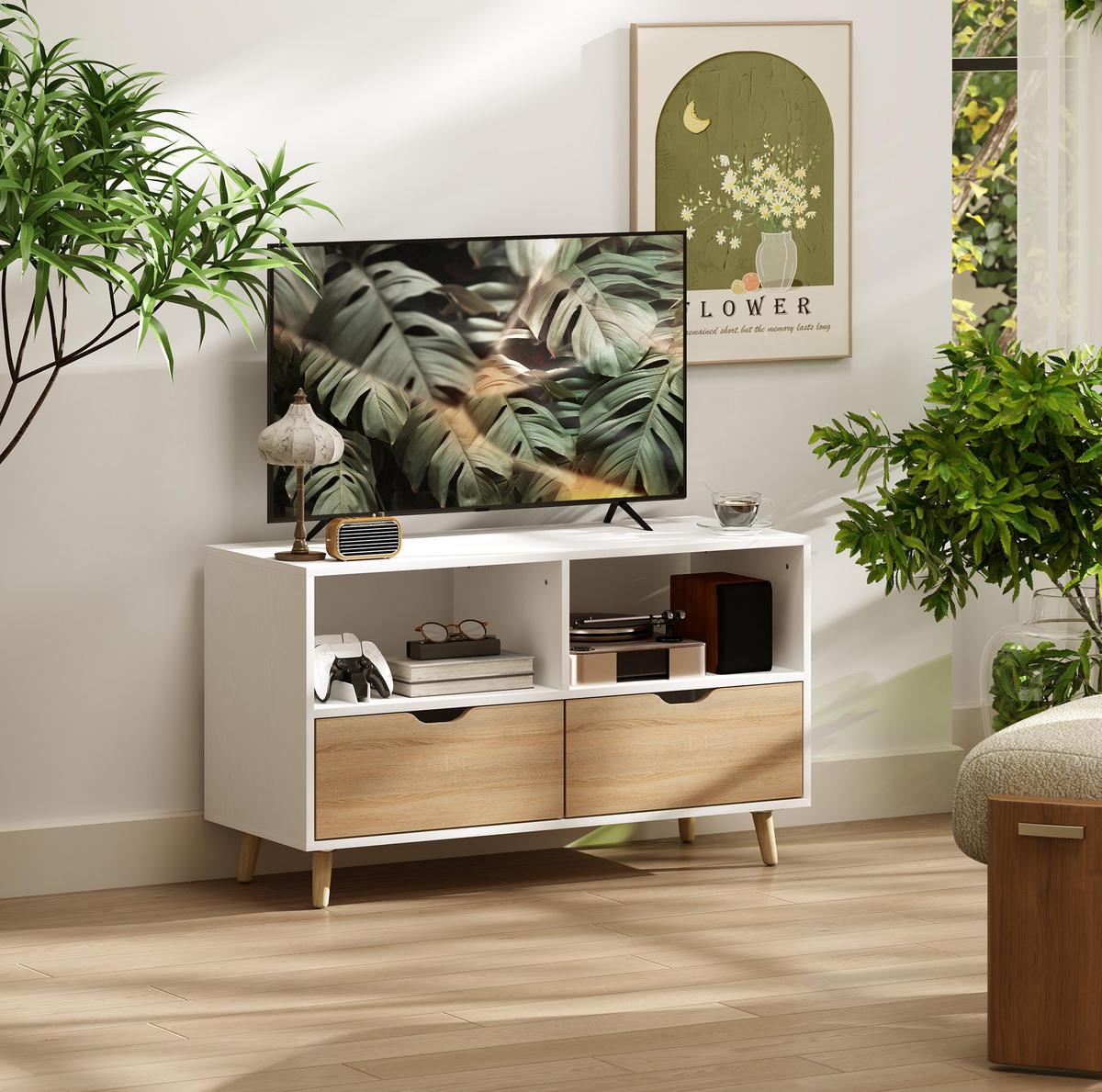 TV-LOWBOARD 99/39/58 cm weiß aus Holz mit 2 Schubladen - Weiß, Holzwerkstoff (99/58.3/39cm) - OKWISH