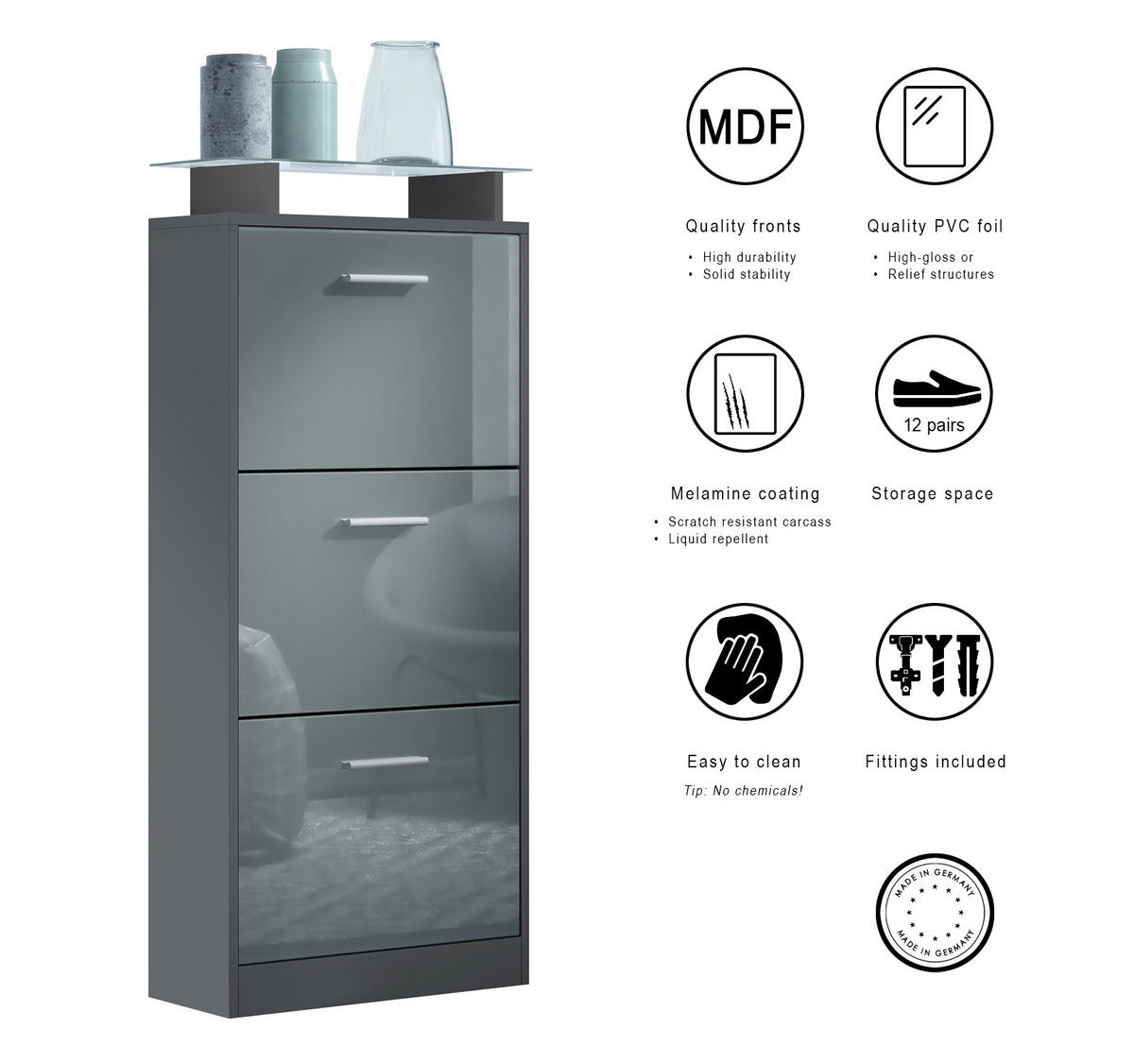 SCHUHSCHRANK Lavia Front in Weiß matt - Weiß, Holzwerkstoff (46/128/23cm) - Vladon