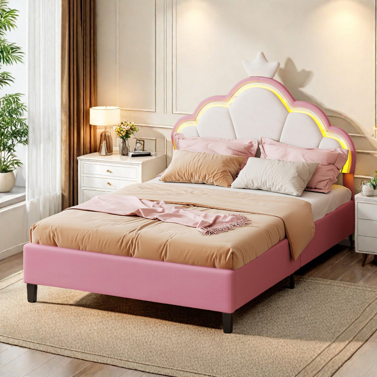 POLSTERBETT 140x200 cm Pink Weiß LED Krone Verstellbar - Pink, Holz (140/200cm) - SHOPENTRA