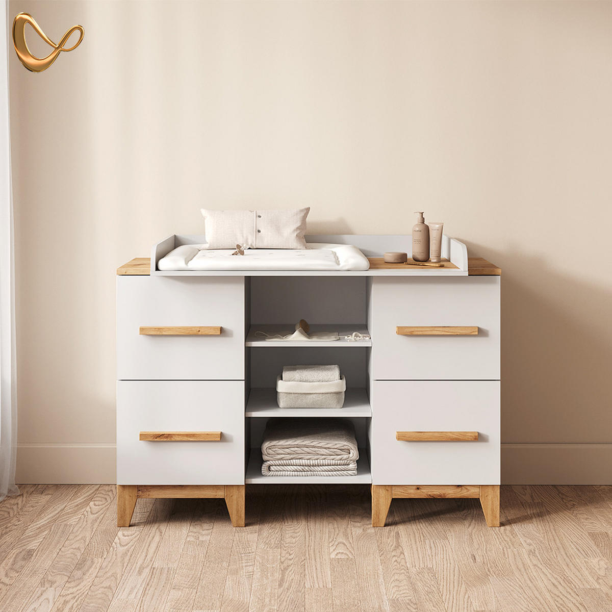 WICKELKOMMODE Mailo Weiß/Artisan XL mit 4 Schubladen - Weiß/Eiche Artisan, Holzwerkstoff (133/108/70cm) - Livinity®