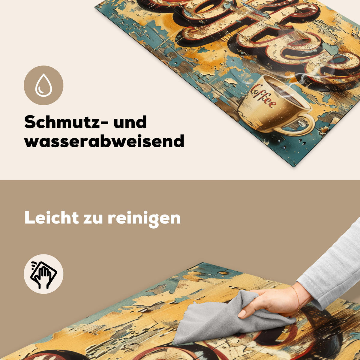 HERDABDECKPLATTE Kaffee - Vintage - Braun - Tasse Induktionsschutz 91.6x52.7 cm - Teakfarben, Kunststoff (91.6/52.7/0.2cm) - MuchoWow