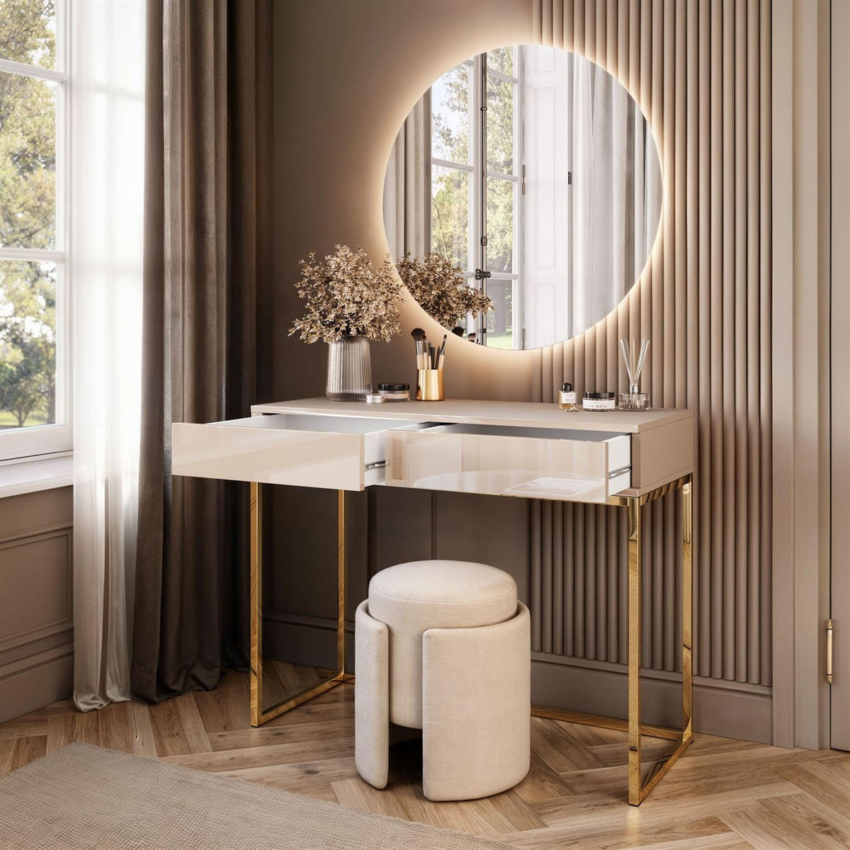 SCHMINKTISCH Blanco Glamour auf goldchrom Gestell mit LED-Spiegel PUSH OPEN - Kaschmir/Goldfarben, Holzwerkstoff (100/81/42cm) - Lookway