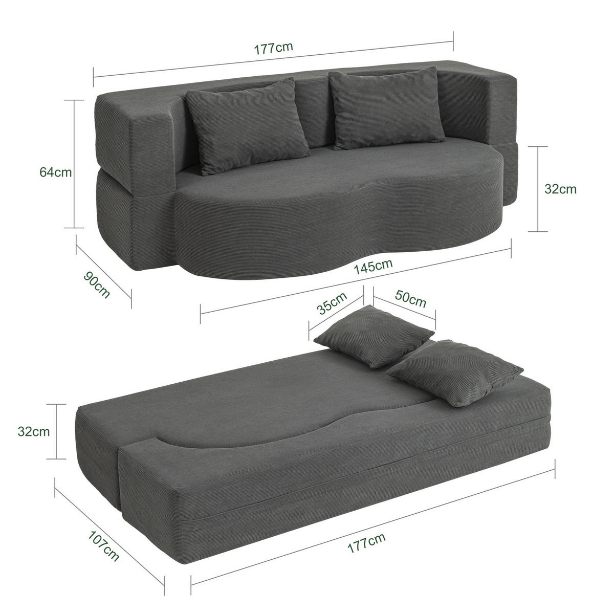 SOFA ausziehbar FST101-DG - Dunkelgrau/Ahornfarben, Fell/Textil (177/32/107cm) - SoBuy