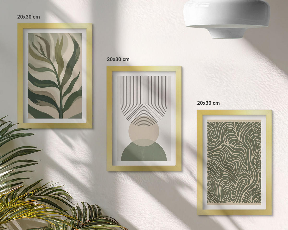 BILDER SET 3er Set - 20x30 cm Goldrahmen - Geometrische Blattformen - Goldfarben, Kunststoff (20/30cm) - TULUP