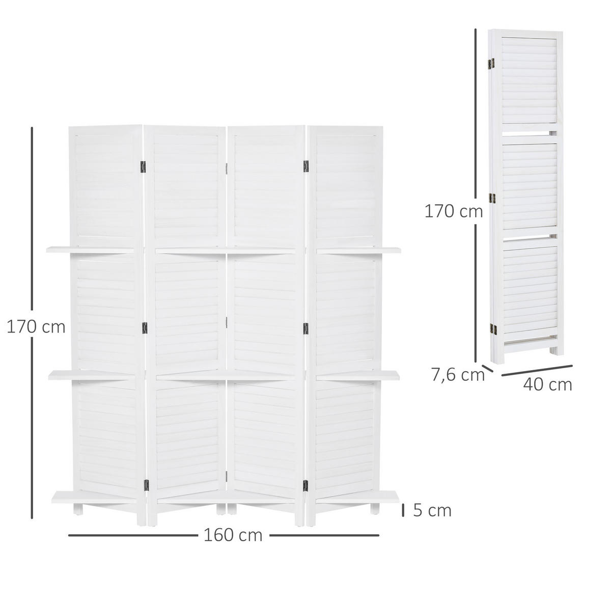 PARAVENT DE-14239 4 Paneele, klappbar, mit 3 Regalen Weiß - Weiß, Holz (160/170/1.9cm) - ComfortXL