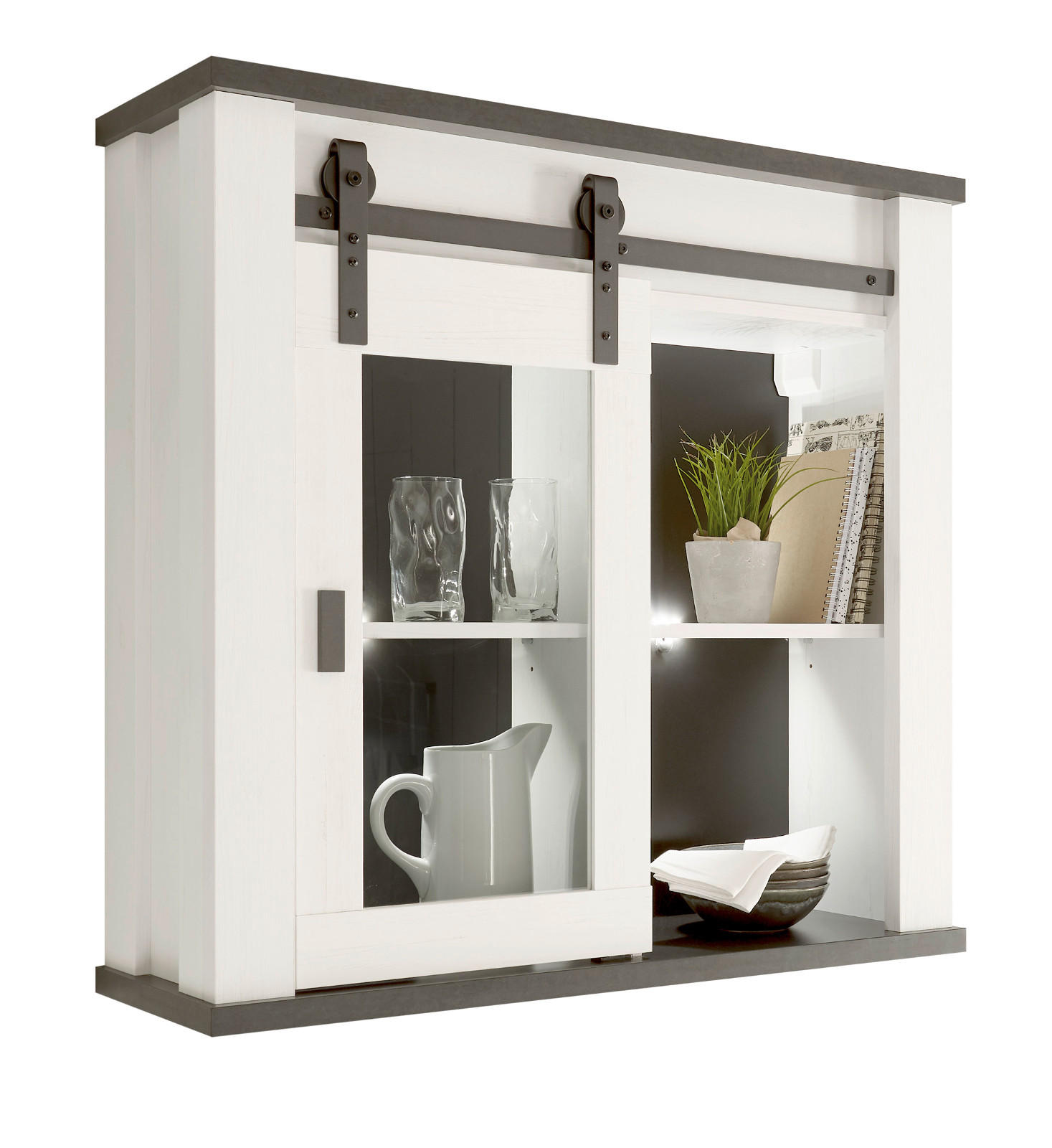 KÜCHE-HÄNGESCHRANK weiß Pinie, anthrazit Landhaus, Küchenschrank hängend mit Schiebetür - Anthrazit/Schwarz, Glas/Holzwerkstoff (93/90/31cm) - Furn.Design