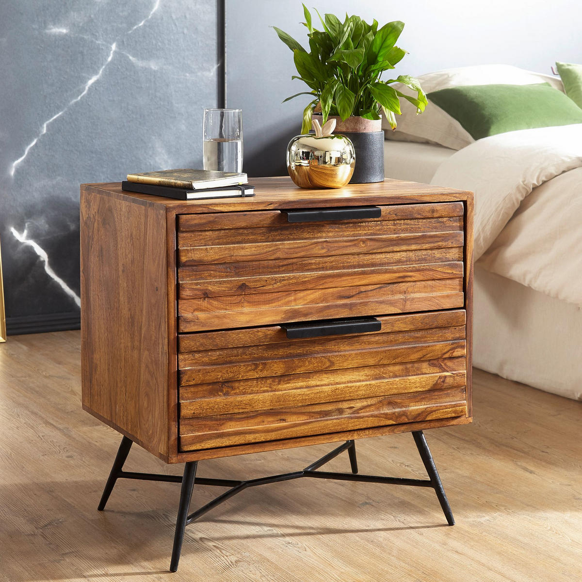 NACHTTISCH – Massivholz/Metall, große Schubladen, Industrial-Stil - Schwarz/Braun, Holz/Metall (60/60/40cm) - KADIMA DESIGN