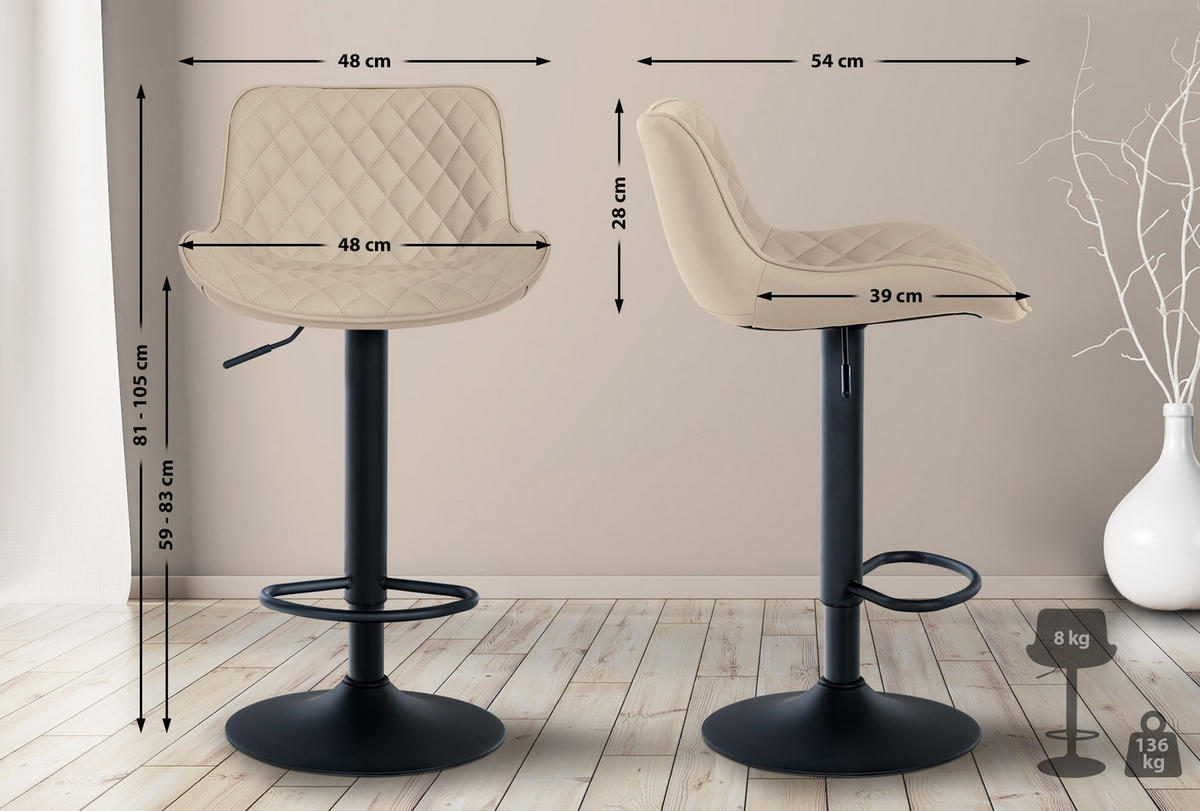 BARHOCKER Minosa 2er Set 81-105x48x54 cm creme - Creme, Textil (48/81/54cm) - furnicato
