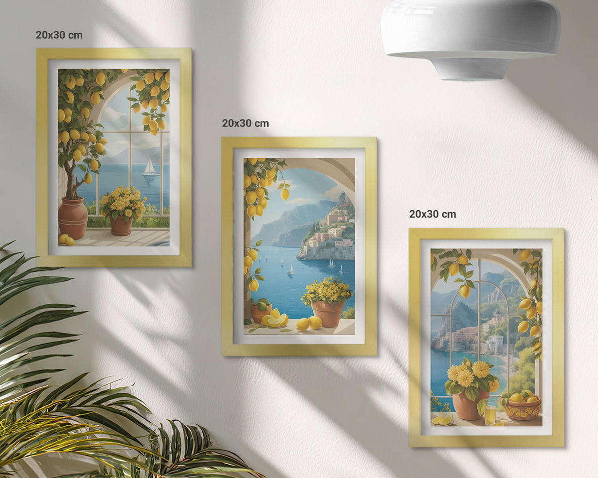 WANDBILDER 3er Set - 20x30 cm Goldrahmen - Meereslandschaften, Zitronen, Fenster - Goldfarben, Kunststoff (20/30cm) - ArtPrintCave