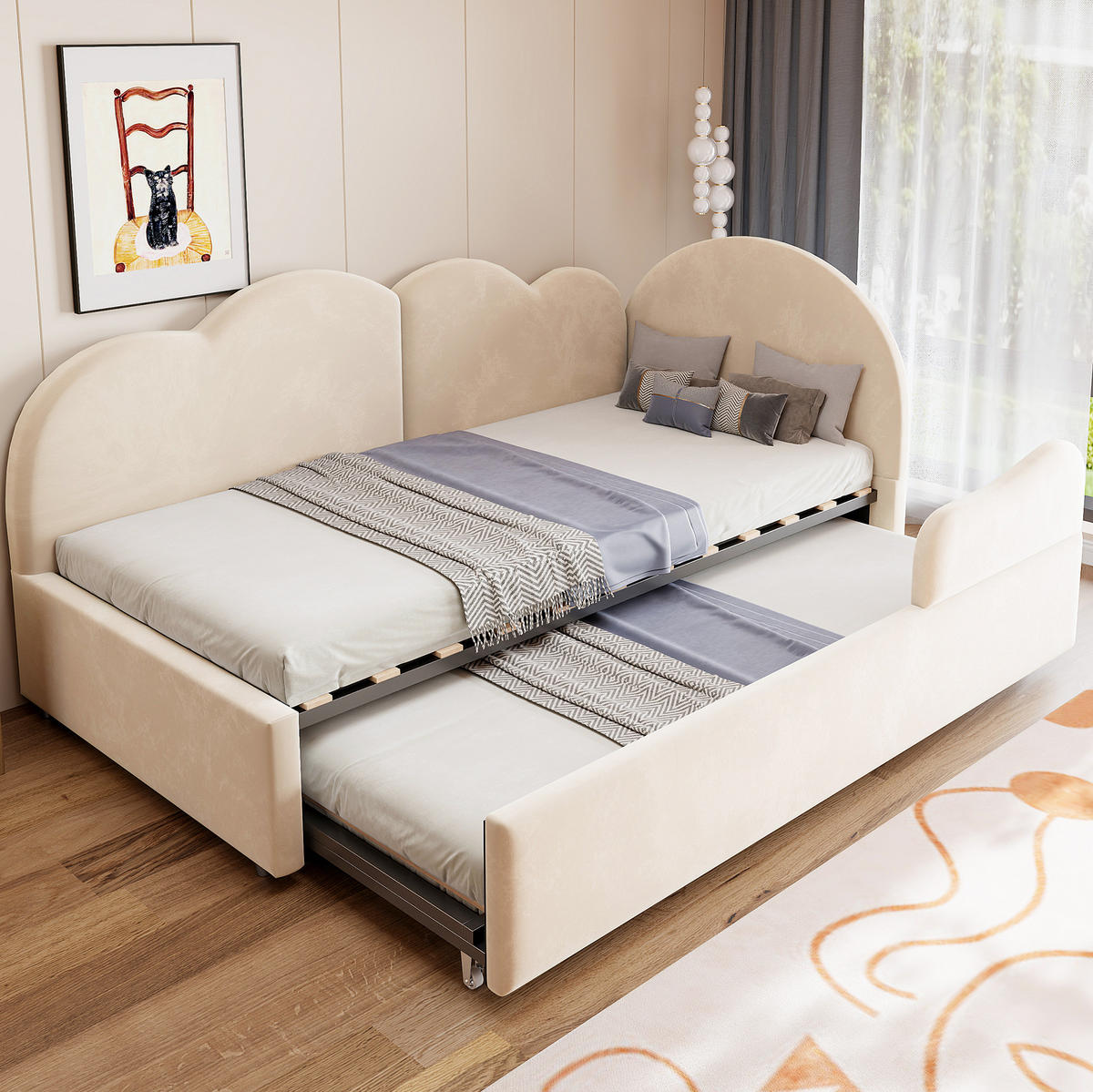 POLSTERBETT Ausziehbares Schlafsofa Samt 90x200 cm Beige ausziehbar, L-Form mit Wolkenkopfteil - Beige, Textil (90/200cm) - Modfu