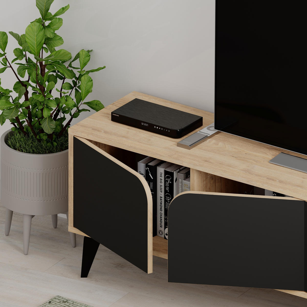 TV-MÖBEL 4 Türen mit Metallfüßen B180 cm - FLORA - Eschefarben, Holzwerkstoff (35.5/51/15.5cm) - Calicosy